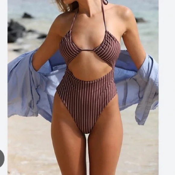 Free People x Zulu & Zephyr Stripe Halter One Piece Swimsuit Stripe Plum Size 10 - Picture 1 of 13